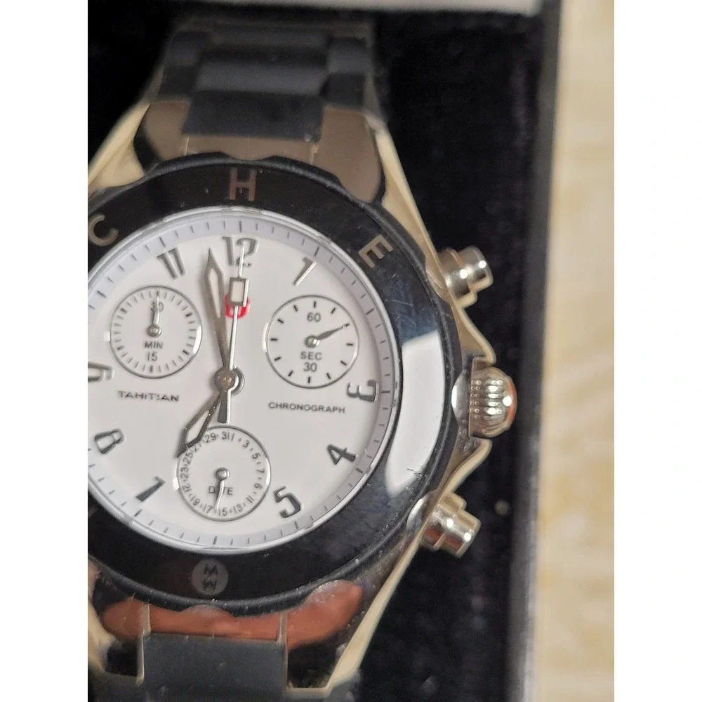 Michele Tahitian Womens Quartz Watch White Dial Sporty Black Silicone MW12D00